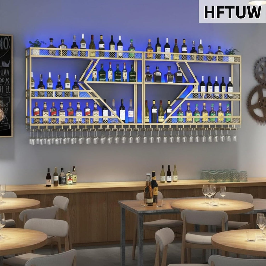 94in 4 Tier Modern Wall Mounted Wine Rack w/LED Light, Metal Wall Bar Shelves Wall Mounted w/Glass Holder, Large Liquor Shelf for Liquor Bottles for Home Bar & Dining Room(Gold-Yellow Led)