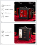 Homde Christmas Gifts Jewelry Box 360° Rotating, Necklace Earring Organizer with Transparent Window, Mirror, 7 Drawers, Large Ring Display Storage Case for Girls Women (Black + Red)