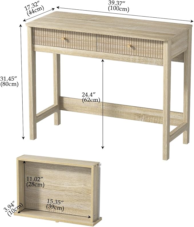 Fluted Writing Desk with Drawers, Makeup Vanity Desk for Bedroom, 40 Inch Home Office Computer Desk with Storage Drawers, Small Console Table