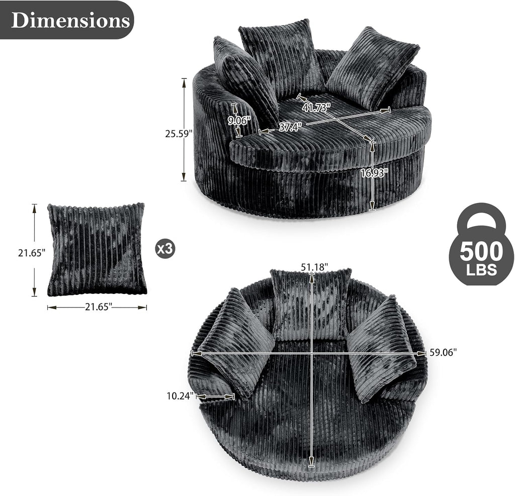 59" Oversized Round Chaise Lounge Chair Indoor with Throw Pillows | No Assembly Required, Corduroy Fabric, Plush Round Sleeper Lounge for Living Room Bedroom