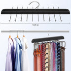 RESOVO Upgraded Tie Rack Hanger with 20 Foldable Metal Hooks, Space Saving Necktie Organizer for Men – Large Capacity Tie and Belt Wooden Hanger for Closet - Black