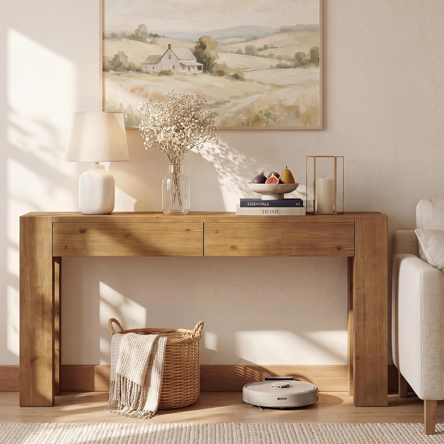 LITTLE TREE 63" Solid Wood Console Table, Farmhouse Entryway Table with 2 Drawers and U-Shaped Legs, Long Sofa Table Behind Couch for Entrance, Hallway, Living Room, Foyer