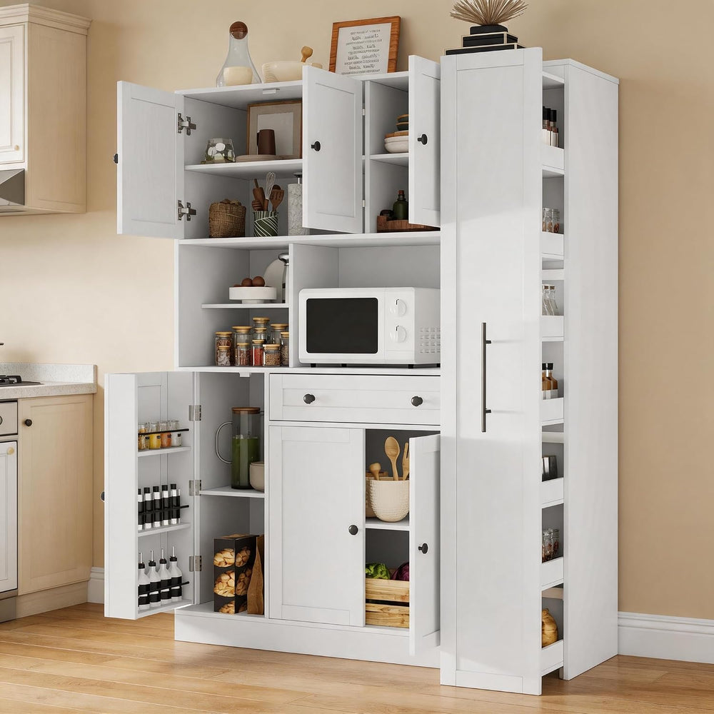 70 Inch Buffet with Hutch and Pull-Out Side Cabinet, White | White P2 MDF, ki...