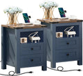 Nightstands Set of 2 with Charging Station, Farmhouse Night Stand with 2 Drawers and Shelf Storage, Wooden Side End Table, Bedside Cabinet for Bedroom, Living Room, Closet,Office (Blue)