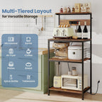 DUMOS Small Bakers Rack with Power Outlet for Kitchen Storage, 23.6" Microwave Stand, Appliance Organizer with 3 Adjustable Tiers for Small Apartment, Coffee Station, Counter Space Saving, Brown