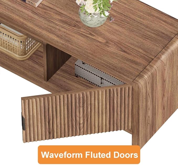 FATORRI TV Stand for 75/65/55 Inch TVs, Farmhouse Entertainment Center with Storage, Wood Waveform Fluted-Door Television Media Console for Living Room,Bedroom (63" W, Walnut)