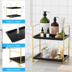 FSyueyun 2-Tier Bathroom Countertop Organizer, Tool-Less Installation Premium Plastics Makeup Shelf Organizer Perfume Skincare for Dresser Vanity Tray Organizers and Storage (Gold & Black)