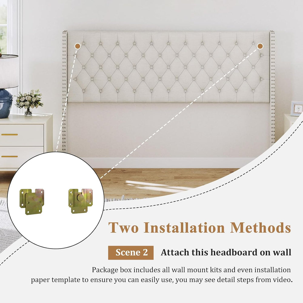 Furpopup Linen Queen Size Headboard Only, Wingback Wall Mount, Ivory