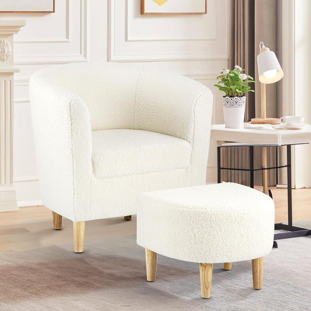 DAZONE Sherpa Accent Chair with Ottoman White Fluffy Teddy Barrel Armchair | ...