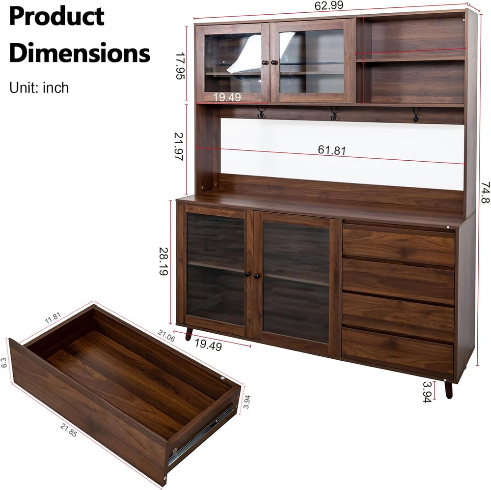 63” Kitchen Pantry Cabinet with Microwave Shelf & Countertop, Freestandin...