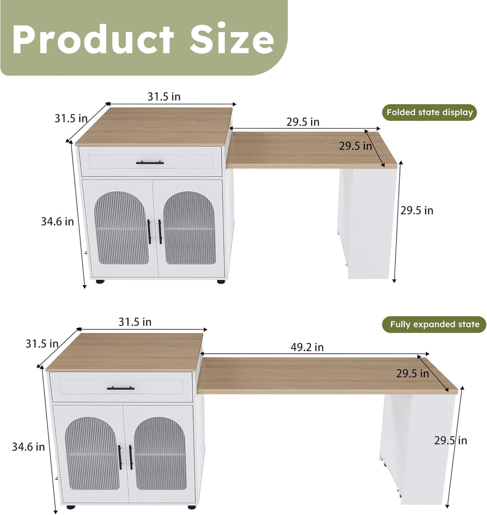 80" Kitchen Island with Extendable Dining Table, Marble-Grain Countertop...