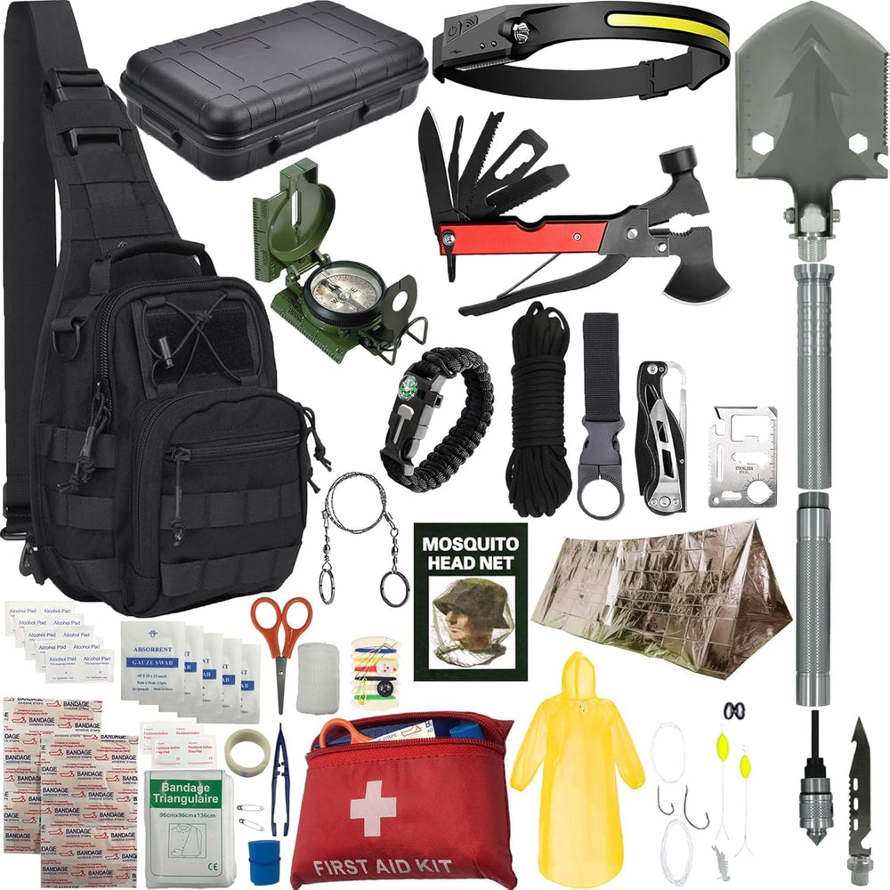 Survival Kit Emergency Supplies 298 Pcs - First Aid, Tactical Shovel, Compass...