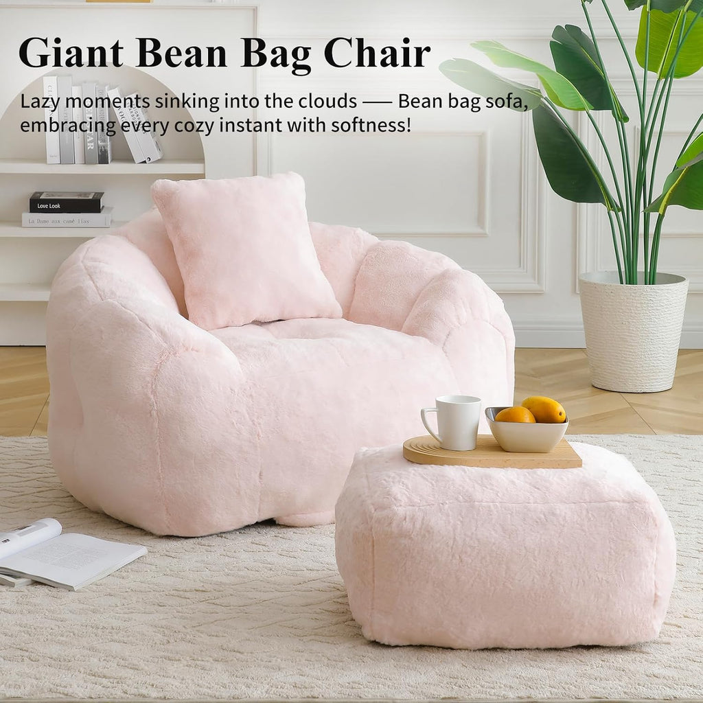 Bean Bag Chair for Adults, Faux Fur Upholstered Beanbag Chair with Shell-Shaped Design, Comfy Bean Bag Sofa with Pillow and Footstool, Floor Sofa Chair for Bedroom (Pink)
