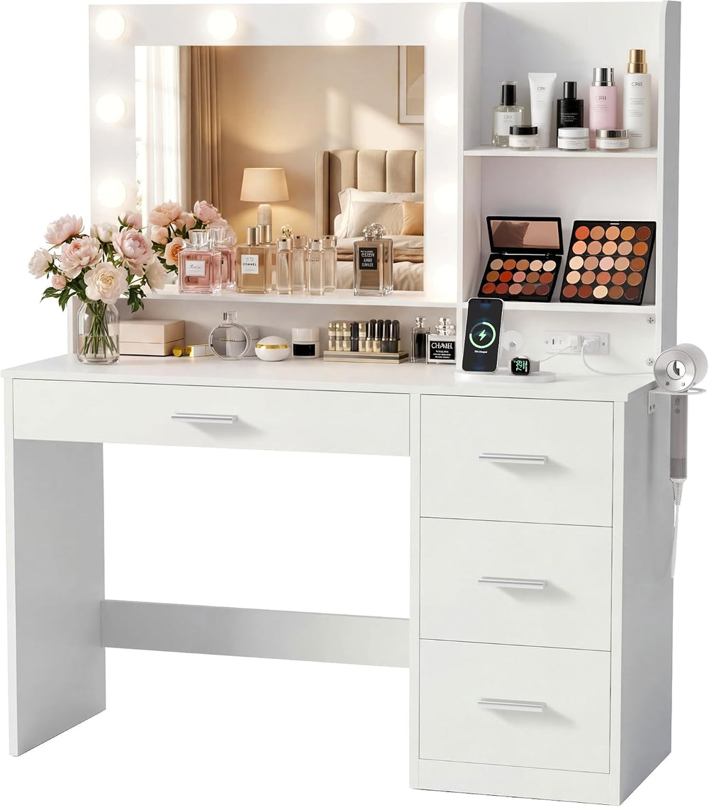 YESHOMY 39 Inch Vanity Desk with Mirror and LED Lights, Modern White | Makeup...