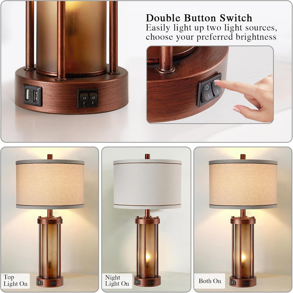 RORIA Set of 2 Farmhouse Table Lamps for Living Room with 2 USB Ports
