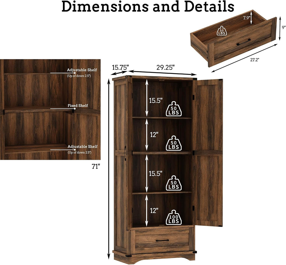 71" Farmhouse Kitchen Pantry Storage Cabinet with Drawer & 2 Barn Do...