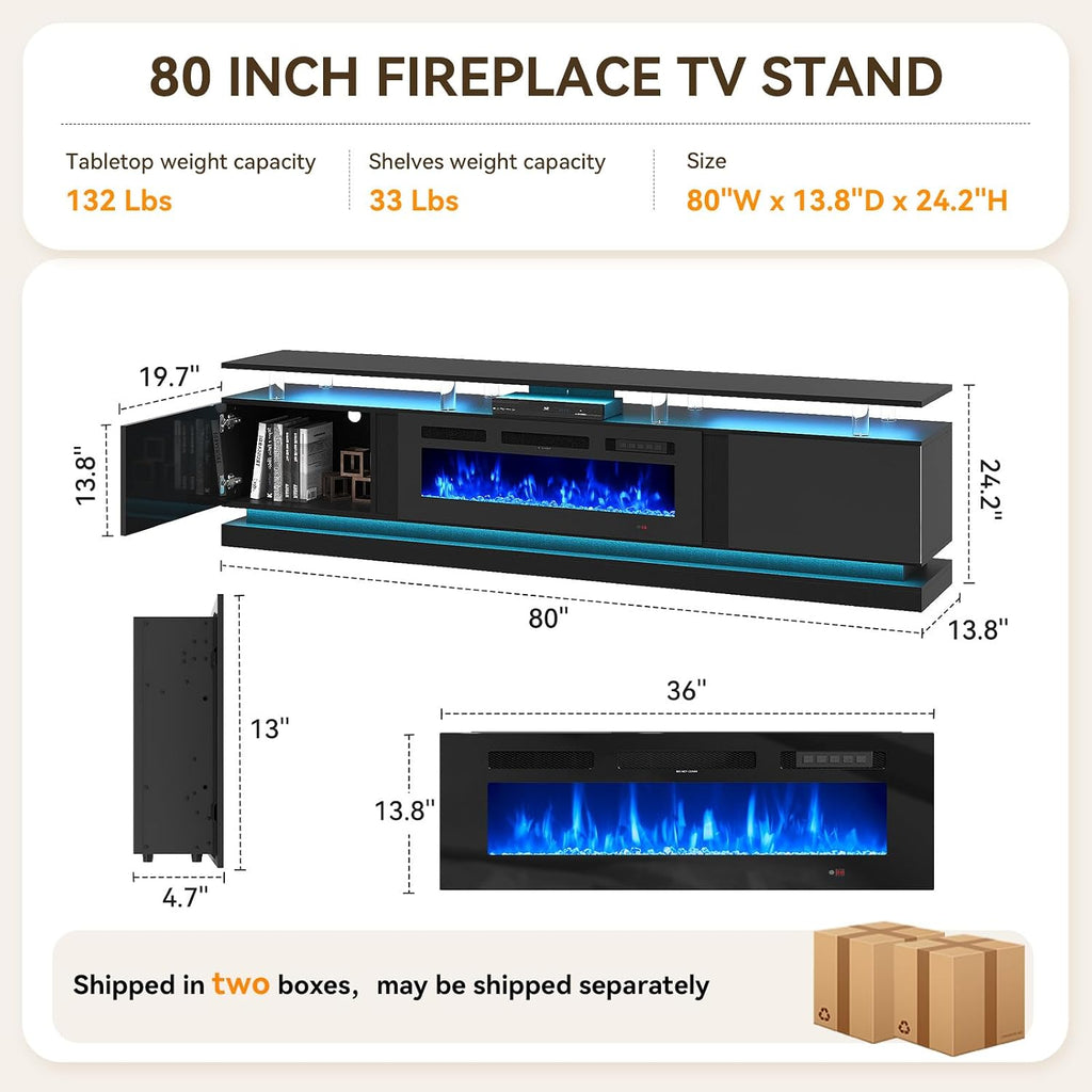 80" Modern Fireplace TV Stand for TVs up to 80", Black Entertainment Center with Black Electric Fireplace,Storage Cabinets&Adjustable LED Light&WiFi, Media Console for Living Room
