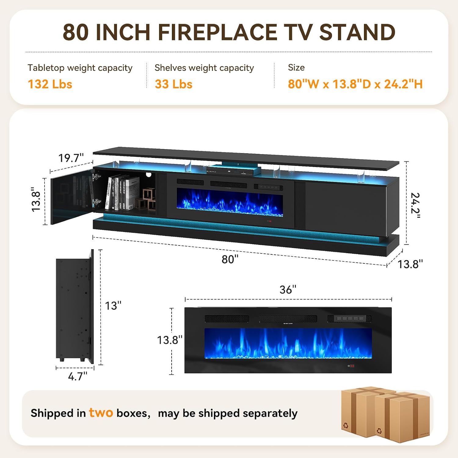 80" Modern Fireplace TV Stand for TVs up to 80", Black Entertainment Center with Black Electric Fireplace,Storage Cabinets&Adjustable LED Light&WiFi, Media Console for Living Room