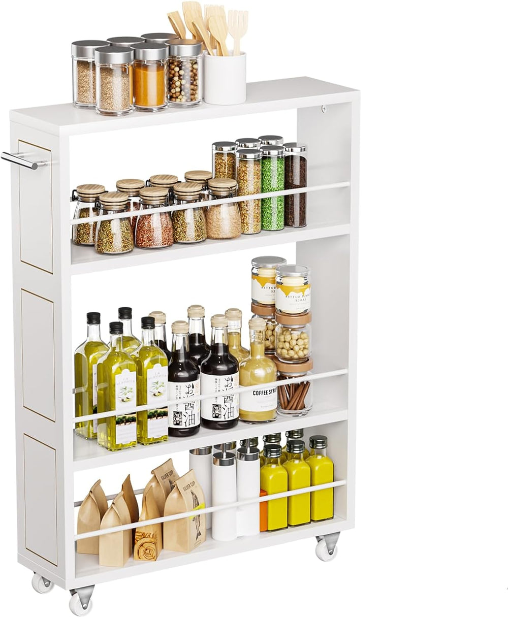 KLM 4 Tier White Slim Storage Cart with Handle, Slide Out Storage Rolling Uti...