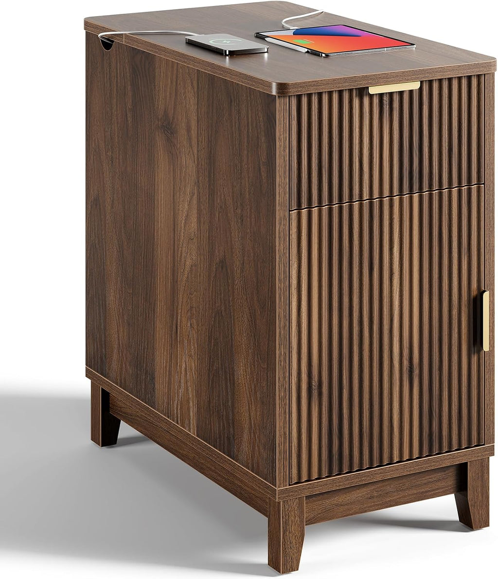 Yoobure End Table with Charging Station - Narrow Side Table for Living Room, Fluted Night Stand with Drawer and Storage Cabinet, Wood Nightstand with Adjustable Shelf for Bedroom Small Spaces, Walnut