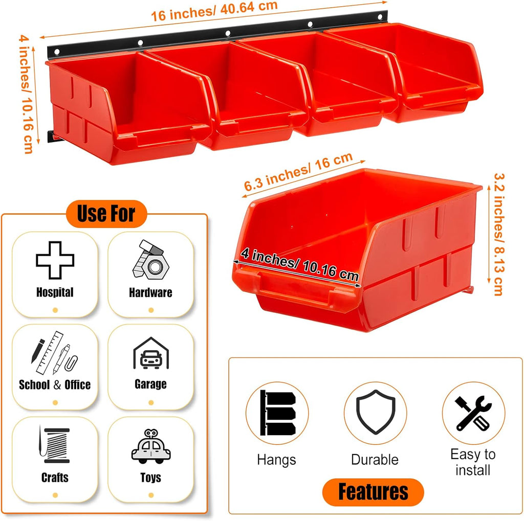 Maitys Wall Mounted Storage Bins Plastic Hanging Stackable Storage Parts Garage Tool Organizer for Screws, Nuts, Bolts, Nails, and Small Hardware Parts, 16x Bins & 4 x Rails(Orange)