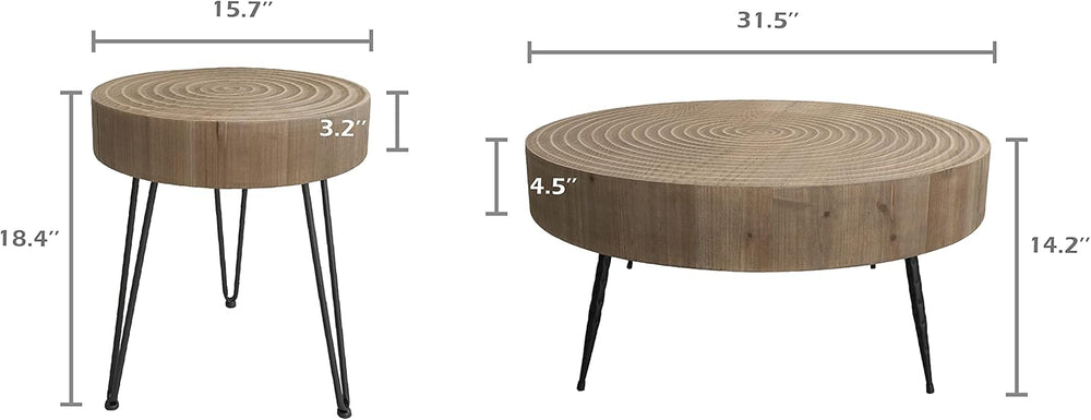 2-Piece Boho Farmhouse Nesting Table with Handcrafted Wood Ring Motif, Round ...