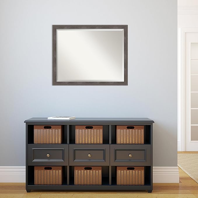 Amanti Art Grey Wall Mirror 25x31 Pinstripe Lead Grey Rectangle Bathroom Mirror for Wall Decor Living Room, Large Modern Wood Frame, Hangs Horizonally and Vertically, Bathroom Decor, Beveled Edge