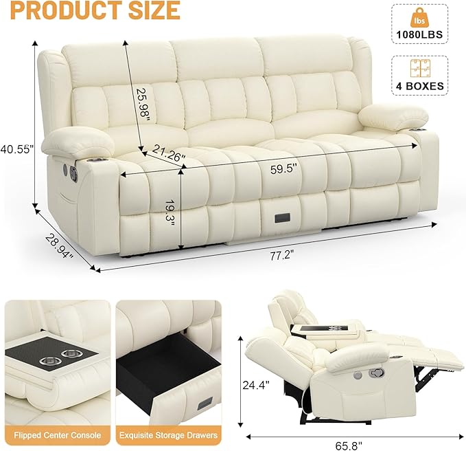 Recliner Sofa Set, Flip Middle Backrest Design PU Leather 3 Seater Reclining Sofa and 2PC Single Recliner Chair, Manual Couches for Living Room (Ivory, PU 3+1+1)