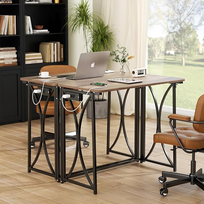 Small Desk, 31.5" Folding Table for Bedroom with Power Outlet, Space Saving Folding Computer Desk for Home Office, Easy Assembly, Light Brown