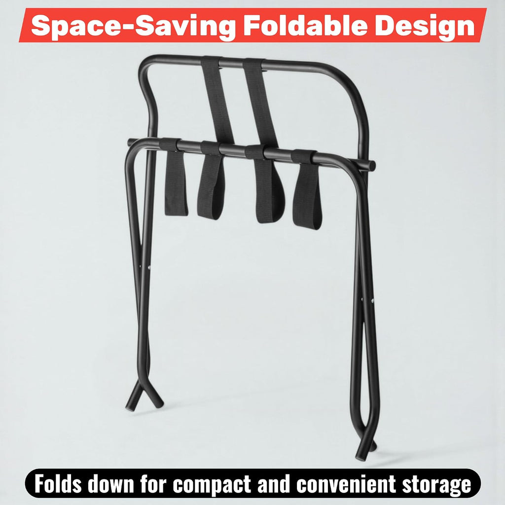 Folding Luggage Rack, Heavy-Duty Metal Frame, Foldable Suitcase Stand for Hotel Guest Room, Travel Bag Holder, Space-Saving Design (Chrome, With Back / Guard)