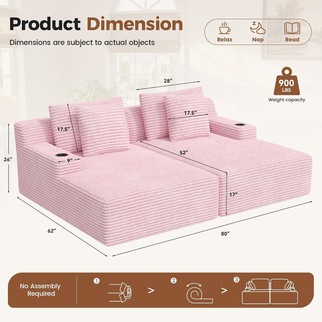 80'' Double Chaise Lounge Chair Indoor, Sofa with Cup Holders 4pcs Pillows | Luxanimarion Deep Seat Sofa with Cup Holders Oversized Boneless Bed for Living Room Bedroom, Corduroy Pink