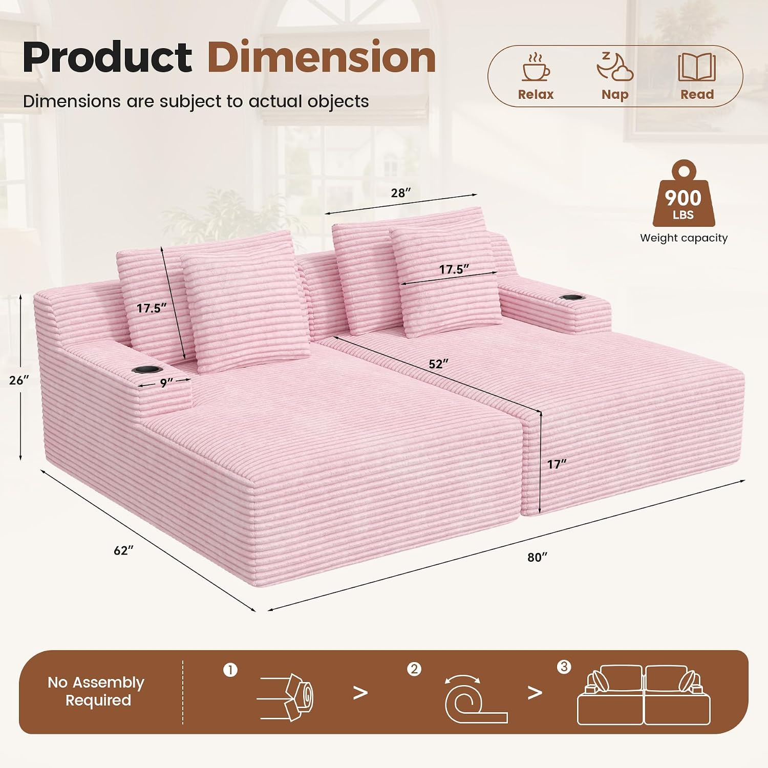 80'' Double Chaise Lounge Chair Indoor, Sofa with Cup Holders 4pcs Pillows | Luxanimarion Deep Seat Sofa with Cup Holders Oversized Boneless Bed for Living Room Bedroom, Corduroy Pink