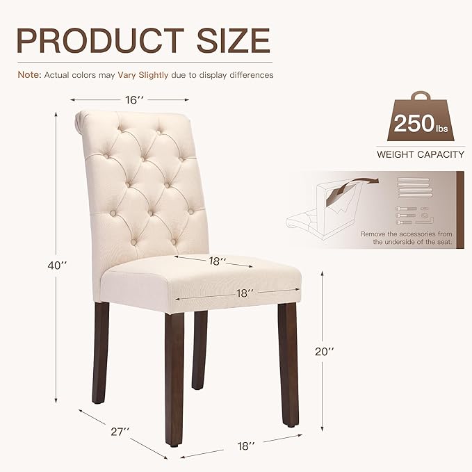 Dining Chairs Set of 4, Button Tufted Parsons Upholstered Chairs with Solid Wood Legs, Mordern Fabric Kitchen Chairs for Dining Room, Beige