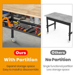 48"/60'' Adjustable Workbench, Rubber Wood Top Work Bench Heavy-Duty Work Table with Power Outlet, Wheels, Partition 2000 LBS Load Capacity Hardwood Work Benches for Garage, Workshop, Home, Office