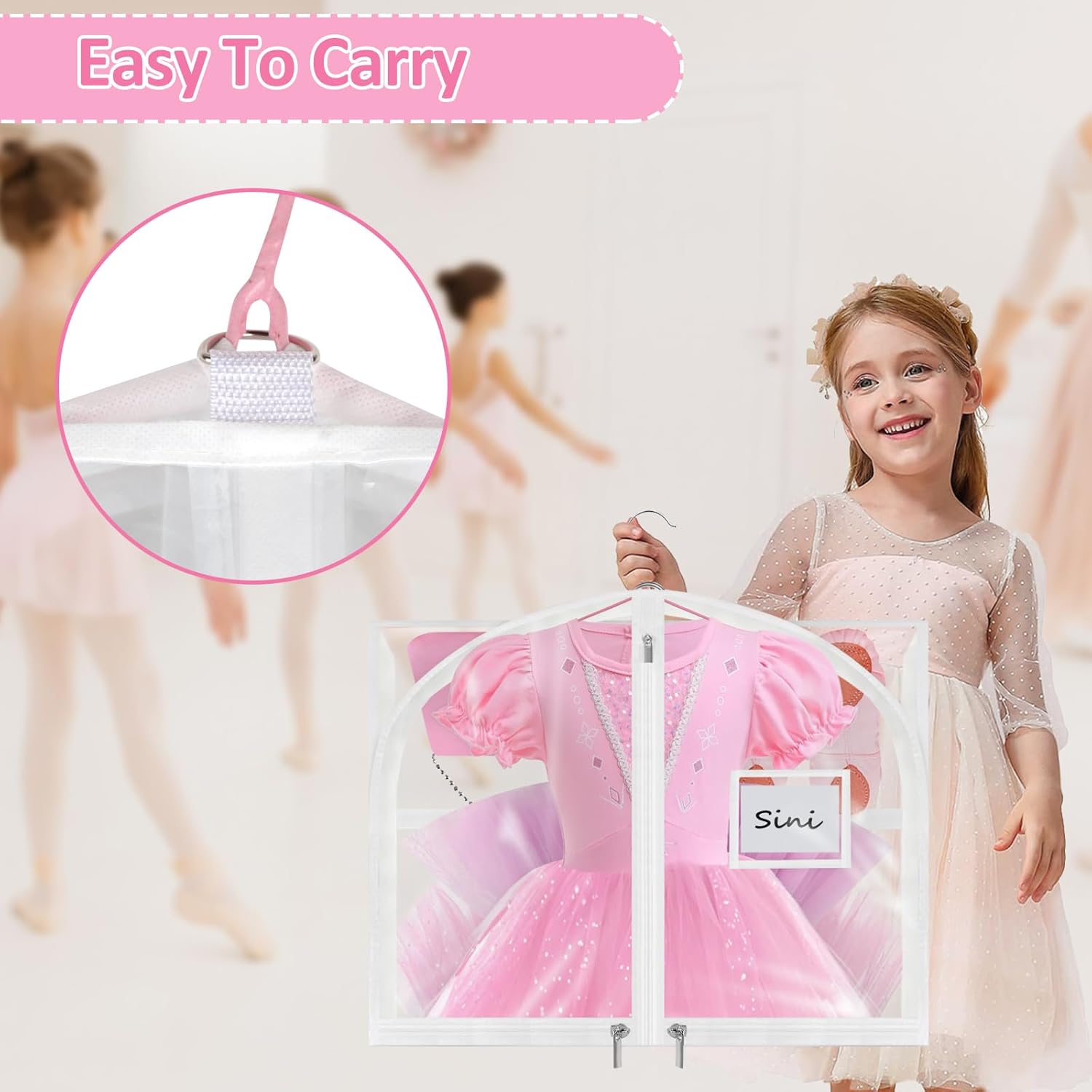 Garment Bags for Dance Costumes - 40 Inch Clear PVC with 5 Zipper Pockets (3 Pack, White) - Kids Dance Garment Bag for Dancers, Hanging Clothes Storage, Competitions & Travel (‎Clear White)