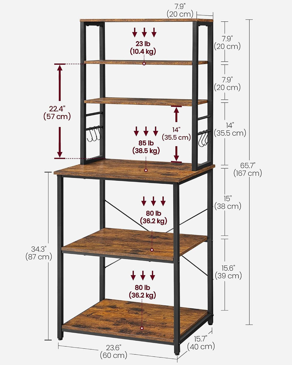 VASAGLE Coffee Bar, 23.6 Inches Baker's Rack for Kitchen with Storage, 6-Tier Kitchen Shelves with 6 Hooks, Microwave Stand, Industrial, Rustic Brown and Ink Black UKKS024B01