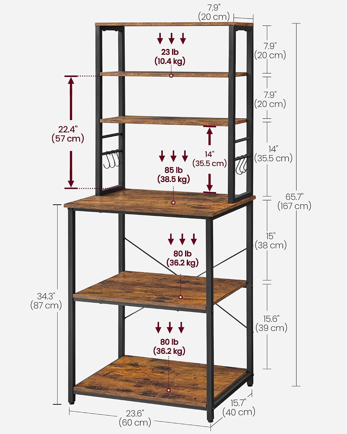 VASAGLE Coffee Bar, 23.6 Inches Baker's Rack for Kitchen with Storage, 6-Tier Kitchen Shelves with 6 Hooks, Microwave Stand, Industrial, Rustic Brown and Ink Black UKKS024B01