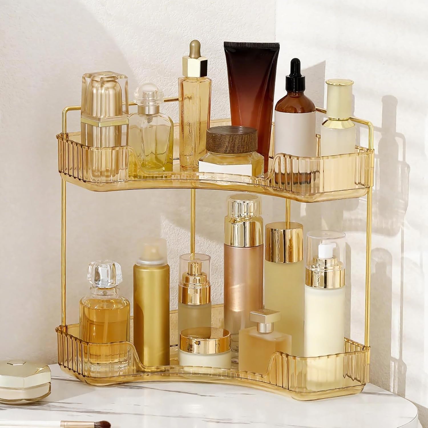 Corner Bathroom Countertop Organizer, Vanity Organizer Trays for Counter, Makeup Organizers, Perfume Tray, Skincare Shelf Storage Gifts for Women Girl Student (Yellow, 2 Tiers)
