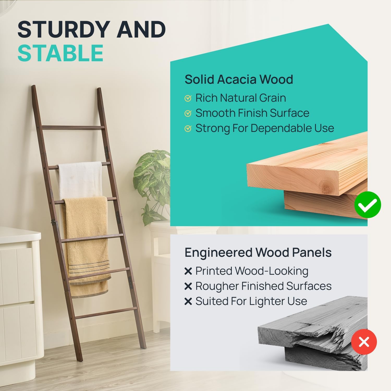 AVLORA Design 6-Tier Blanket Ladder Rack 66.5" H x 18" W - Espresso Brown | Acacia Wood Leaning Shelf, Quilt Throw Towel Holder Stand, Rustic Farmhouse Decor for Living Room Bedroom Bathroom