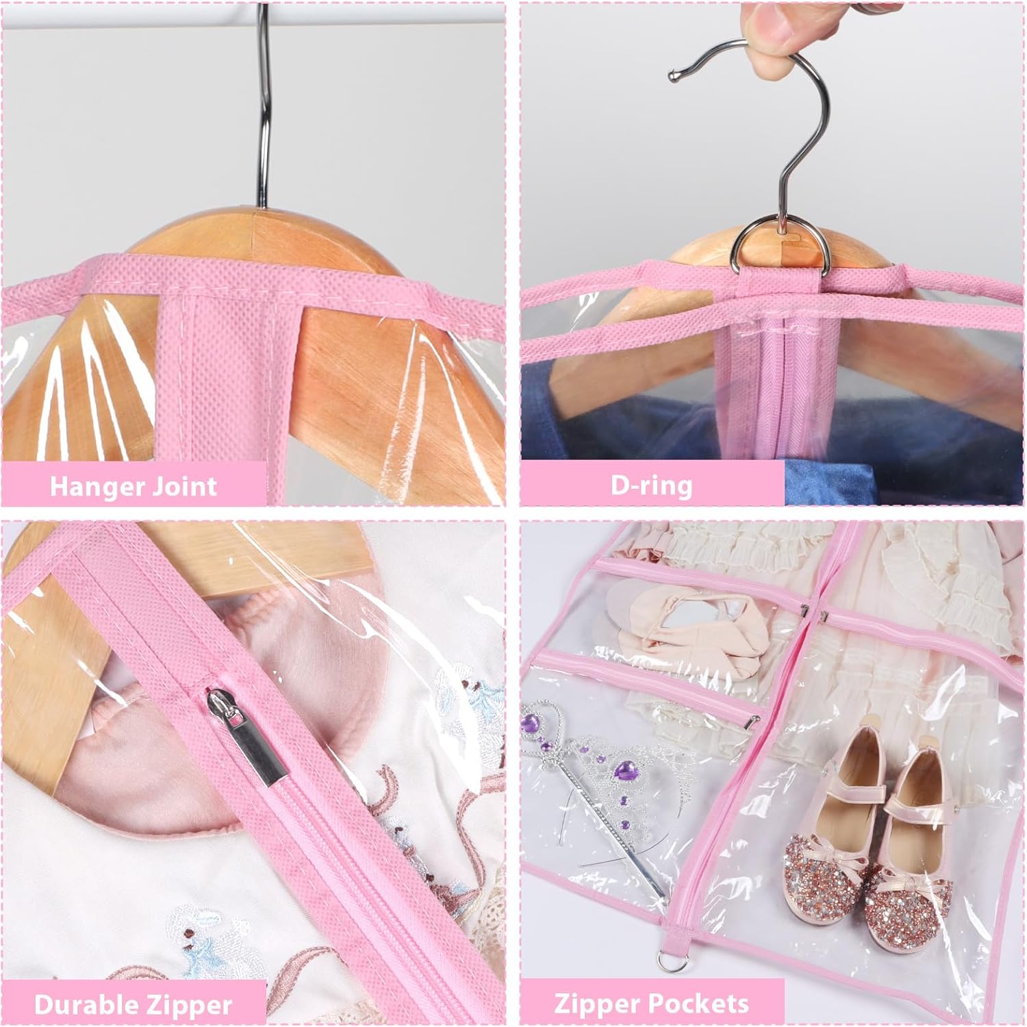 Clear Garment Bags for Dance Costumes, 40” Dance Garment Bags for Dancers, Kids Garment Bag for Dance Competitions with 3 Zipper Pockets, Garment Bags for Hanging Clothes, 6 Pack, Pink