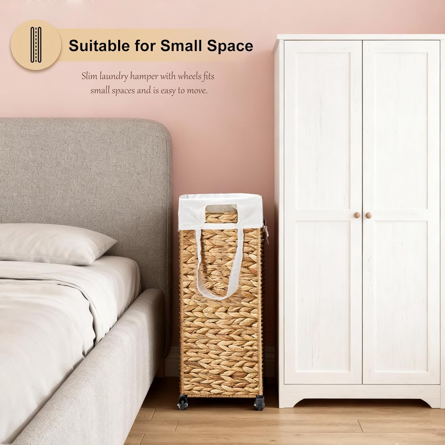 Rolling Laundry Hamper with Wheels, Slim Laundry Basket with Removable Liner Bag & 2 Mesh Bags, Handwoven Water Hyacinth Clothes Hamper for Bedroom Bathroom (Natural, 85L)