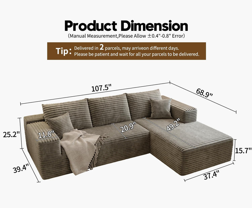 107.5" Cloud Sectional Couch with L-Shape Chaise,Modern Modular Sofa wit...