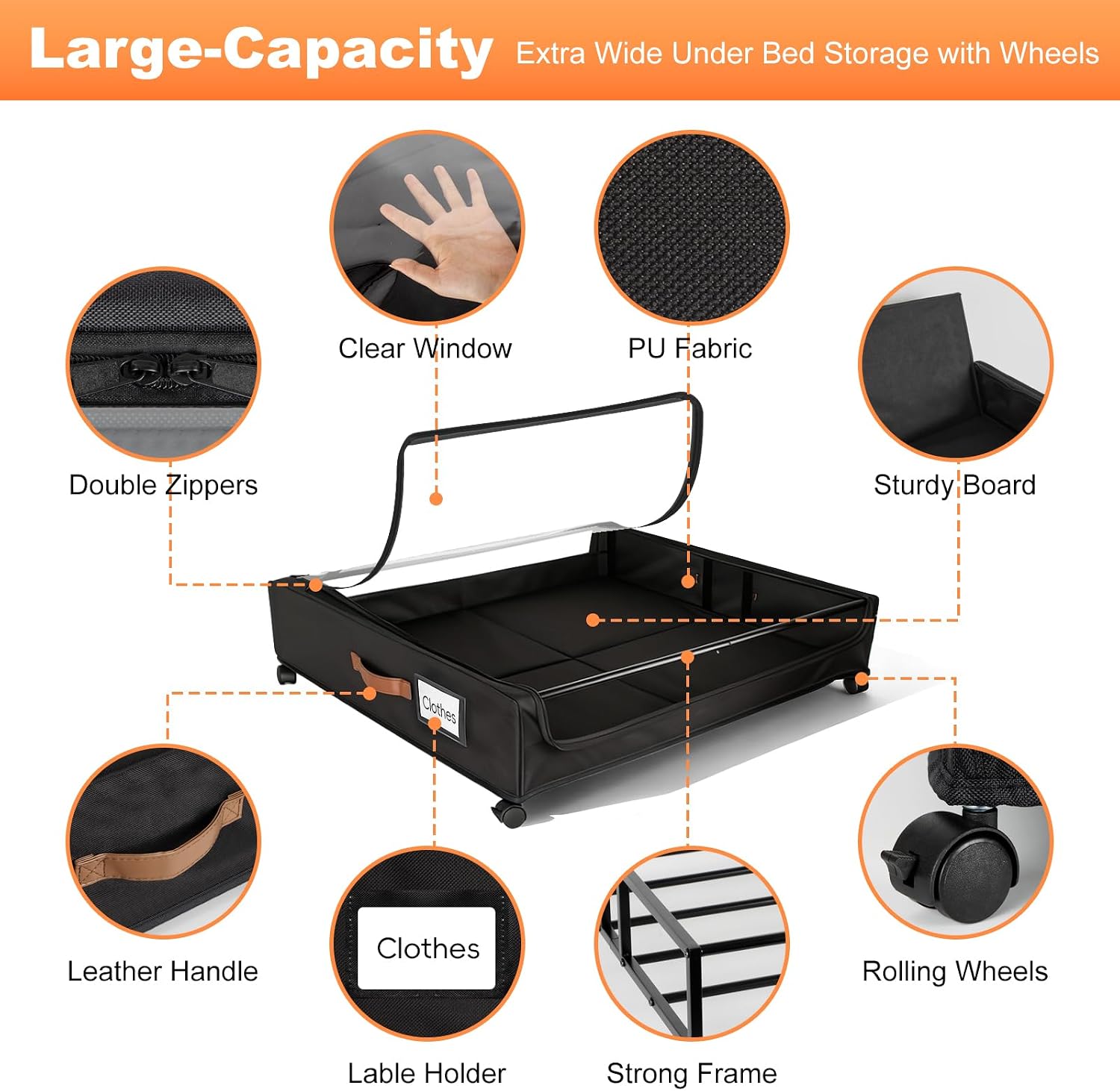 80L Large Under Bed Storage with Wheels, 2-Pack XXL Underbed Shoe Storage | Fit Most Bed, Removable & Locakable Wheels, Sturdy Metal Frame, Clear Lid, Easy Install, for Off-Season Clothes/Blankets
