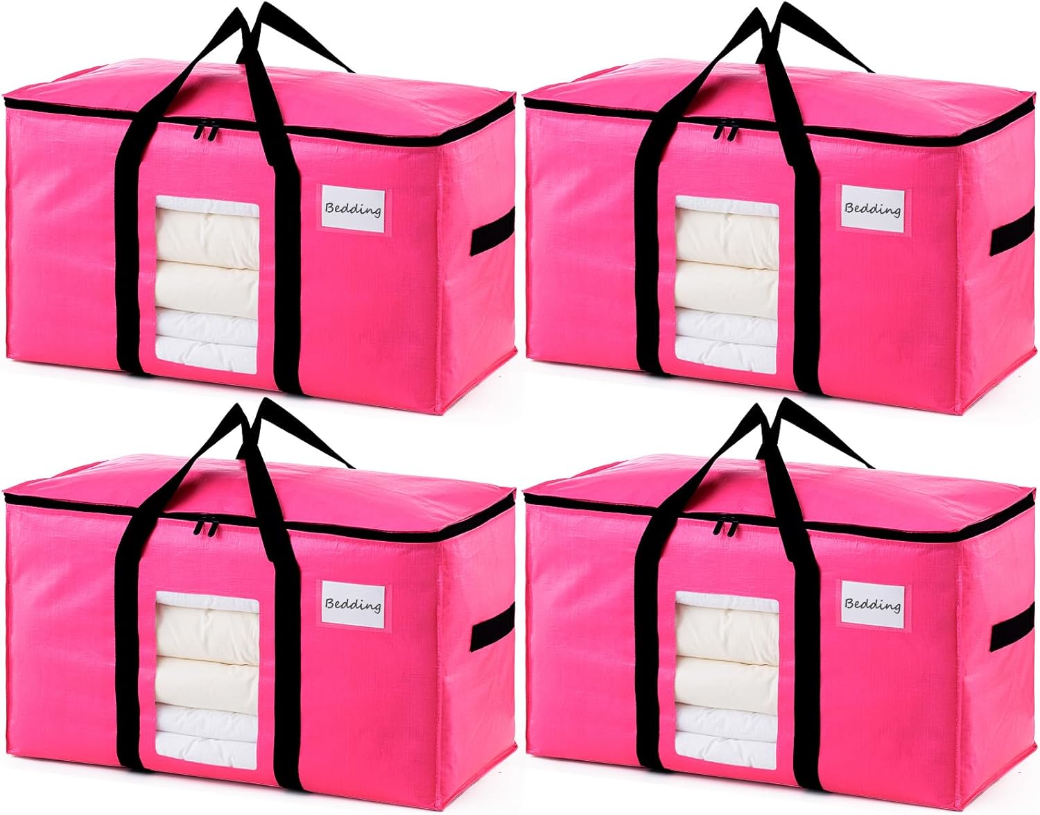 TAILI 4 Pack Pink Extra Large Moving Bags, Heavy Duty Totes with Visible Window, Wrap Around Handles, Great for Storage, Space-Saving