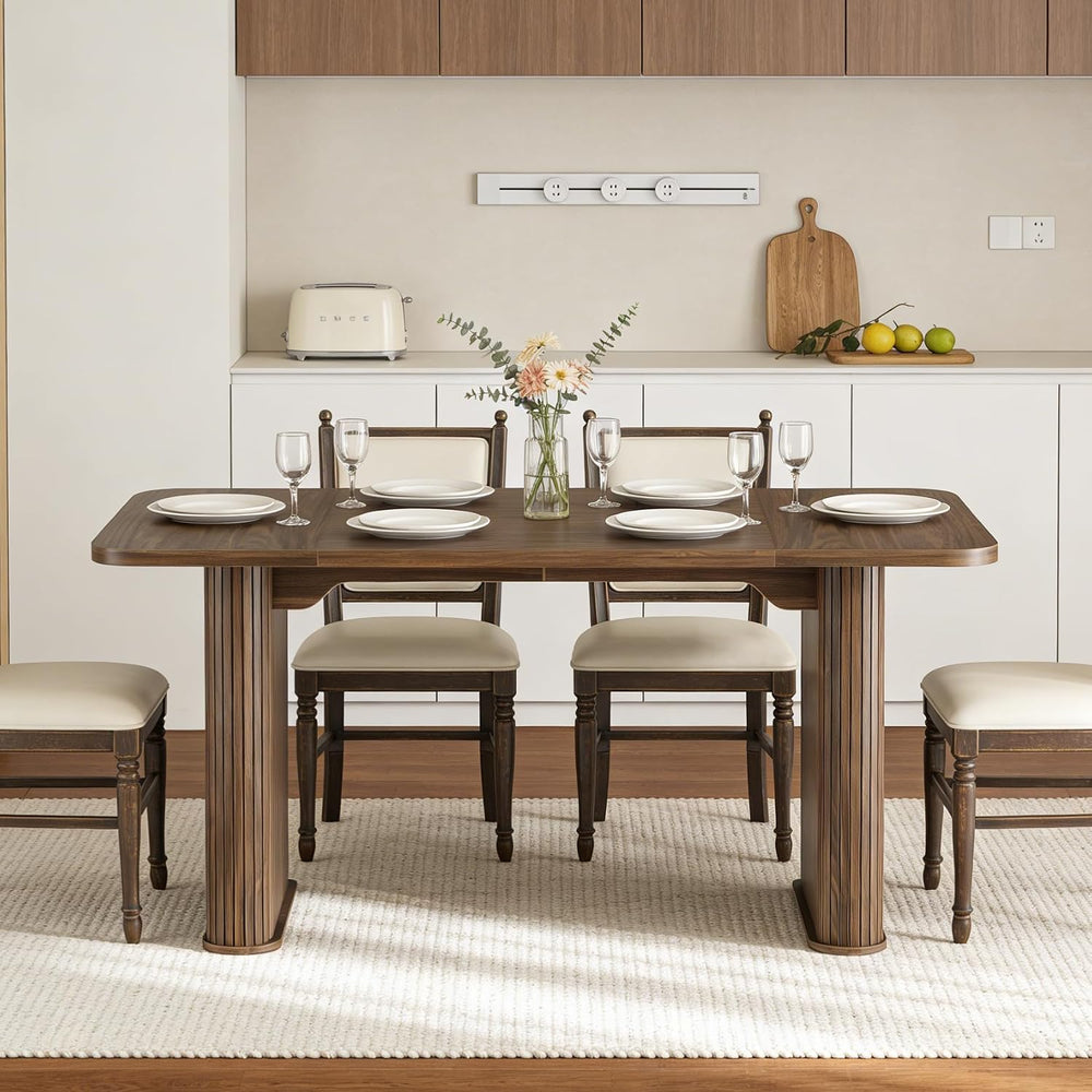 GarveeHome 62 Inch Table - Set for 6-8 People, Wooden Kitchen Table with Gril...