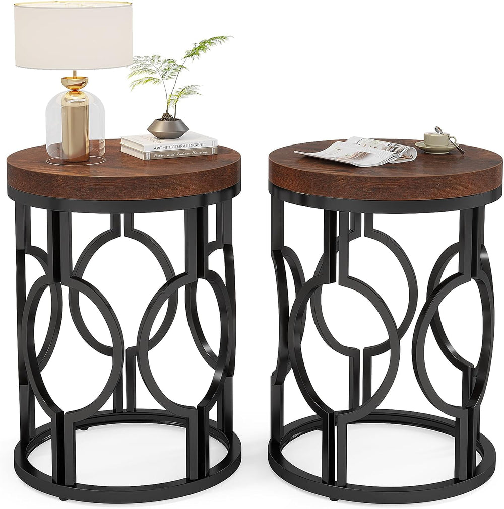Tribesigns Round End Table Set of 2, Industrial Side Table with Metal Hollow ...