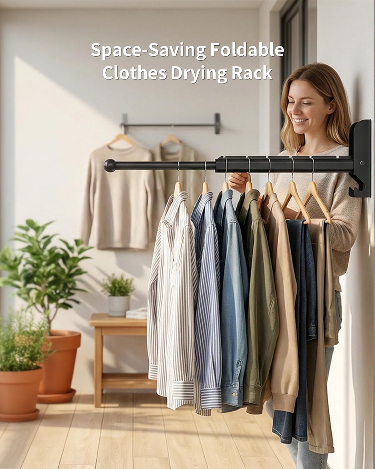 BaiNong Wall Mounted Drying Rack 13" Foldable Clothes Hanger Black Pull-Out Clothes Drying Rod for Laundry, Closets, Rntryway (1, 13" Black)