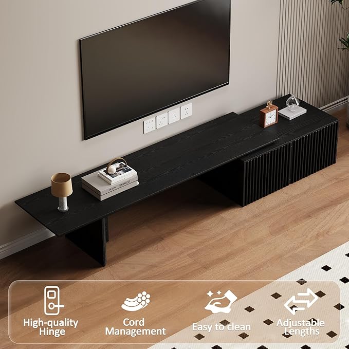XEW Extendable TV Stand with Storage and Shelves, Wood Entertainment Center for 55+ Inch TV, Modern TV Console, Minimalist Media Console for Living Room, Bedroom-Black (Extendable: 78.7"-110")