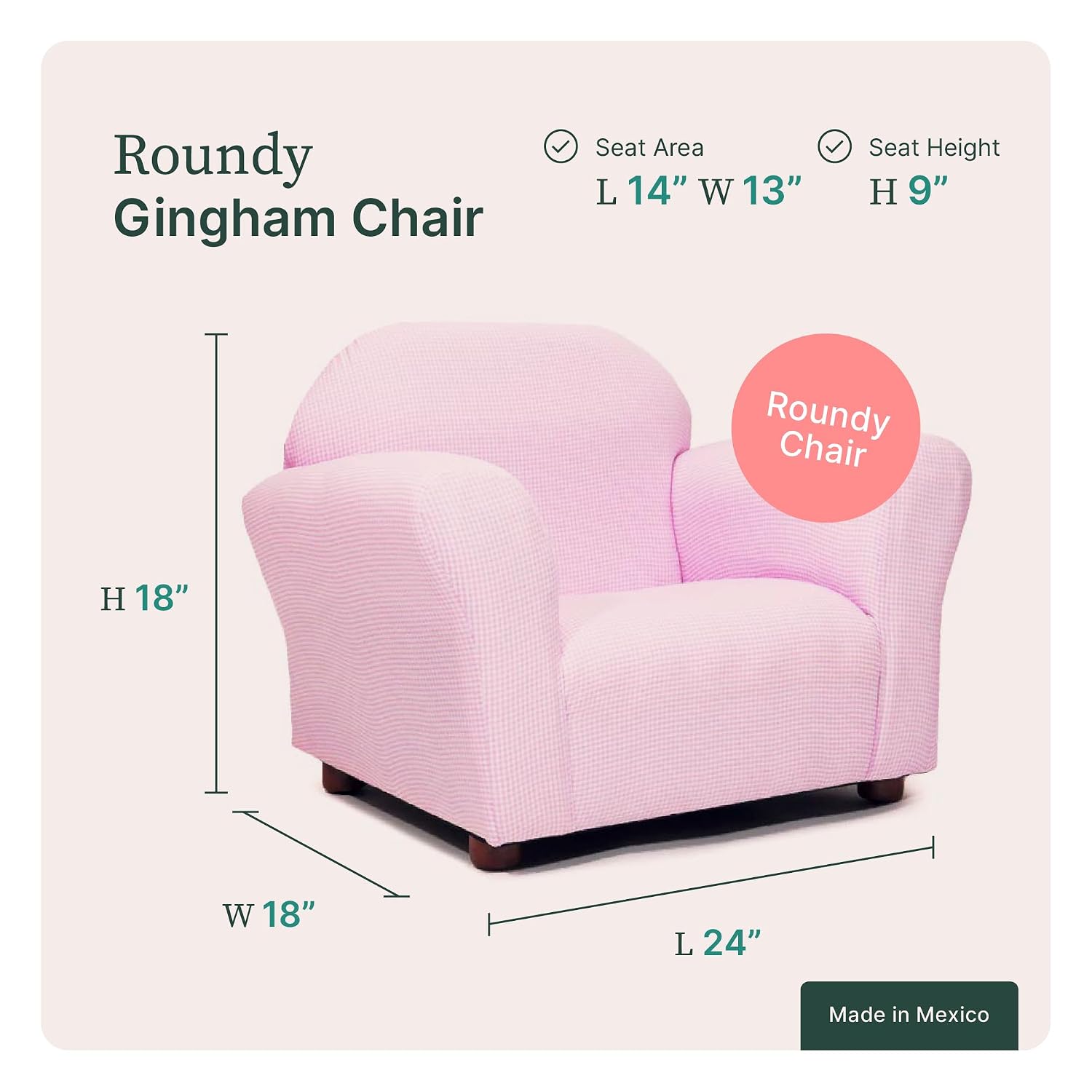 Keet Roundy Gingham Chair for Kids Upholstered Toddler Armchair for Ages 2–5, Sturdy Wooden Frame, Soft Durable Cotton Fabric, Lightweight, Fully Assembled, Ideal for Playrooms, Nurseries & Bedrooms.