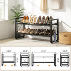 ELYKEN Expandable Shoe Rack for Closet, 2-Tier Metal Black Shoe Organizer | Adjustable Height Shoe Shelf for Boots, Heels, with 4 Hooks, Stackable Shoe Stand Holder for Entryway, Garage, Door Entrance